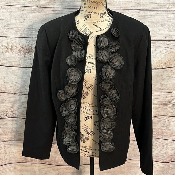 Coldwater Creek Blazer Jacket Fabric Rosettes Black Recycled Wool Artsy Size 10 - Picture 5 of 8
